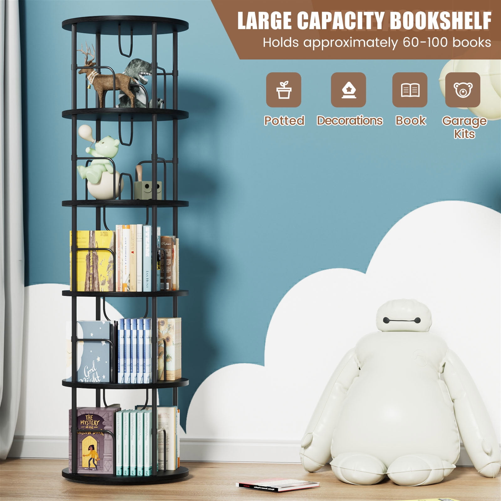 Flycity 5 Tier Rotate Bookcases, 360° Display Corner Shelf Spin Bookcases with Special Visible Partition Storage, Black