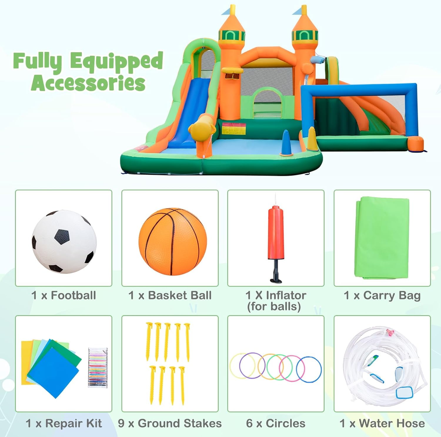 OLAKIDS Inflatable Water Slide, 9 in 1 Bounce House Water Park with Soccer Gate 2 Slides Splash Pool Water Blaster Basketball Rim, Outdoor Inflatable Obstacle Course for Kids Backyard (Without 735W)