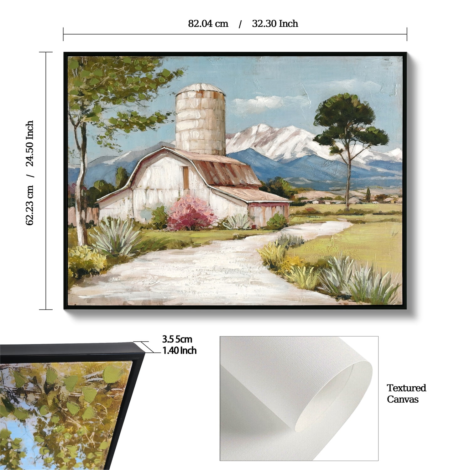 MOONMISS 32x24 Rustic Farmhouse Framed Canvas Wall Art Wildflower Barn Nature Painting French Countryside Living Room Bedroom Decor