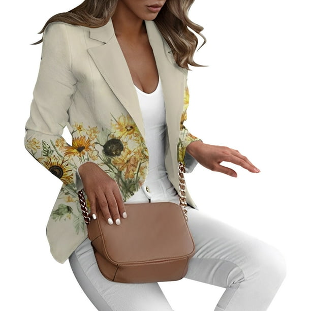 Chaquetas de traje de oficina Dama mujer manga larga elegante estampado Casual solapa trabajo traje chaqueta abrigo prendas de vestir ropa,temperamento blazer(Beige, L)