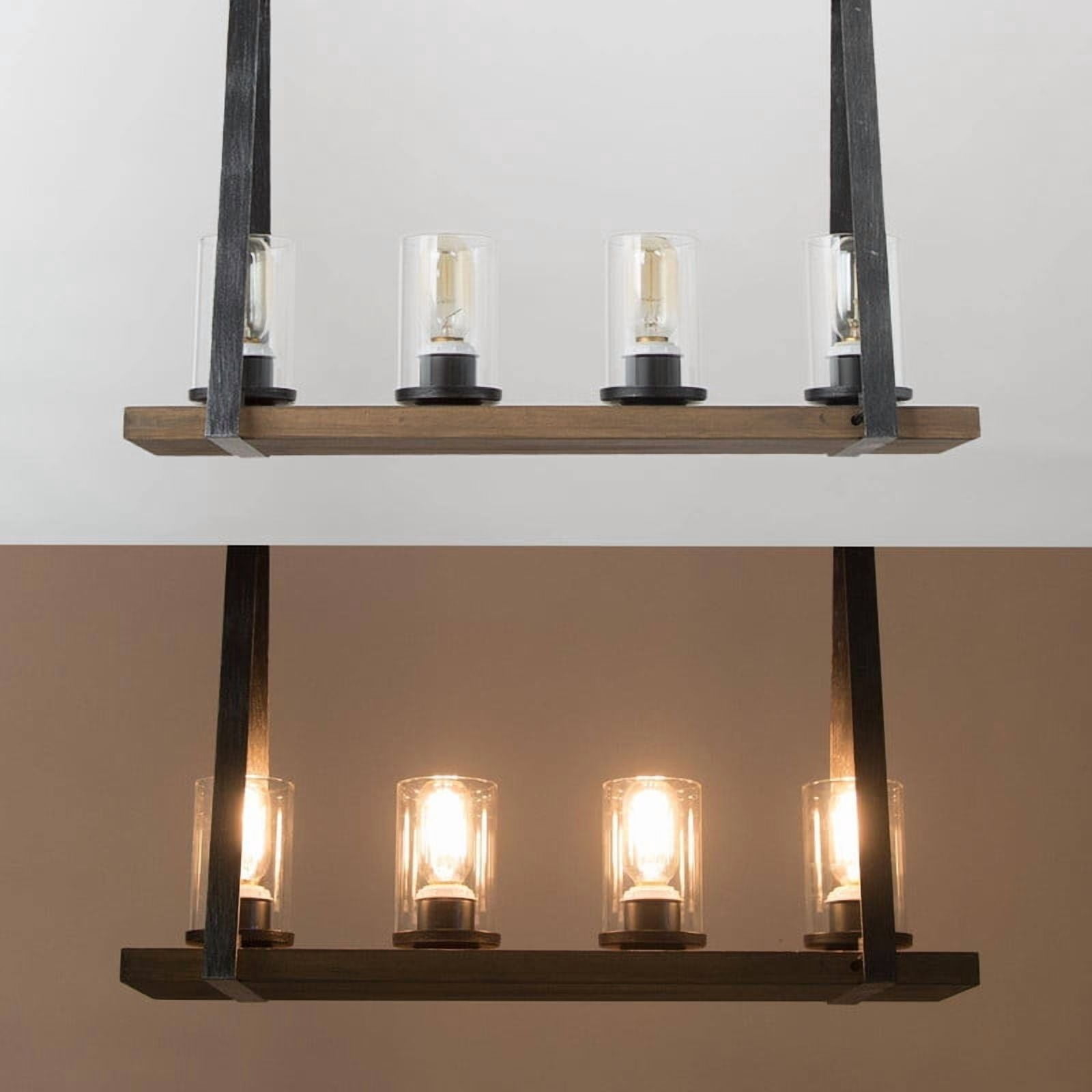 LNC Berthelotii 4-Light Linear Island Light with Clear Glass Shades and Faux Wood Accents