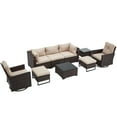thumbnail image 2 of AVAWING 9-Piece Outdoor Patio Furniture Set, Wicker Sectional Sofa with Swivel Rocker Chairs, Waterproof Cushions & Ottomans, Tempered Glass Tables, Beige, 2 of 10