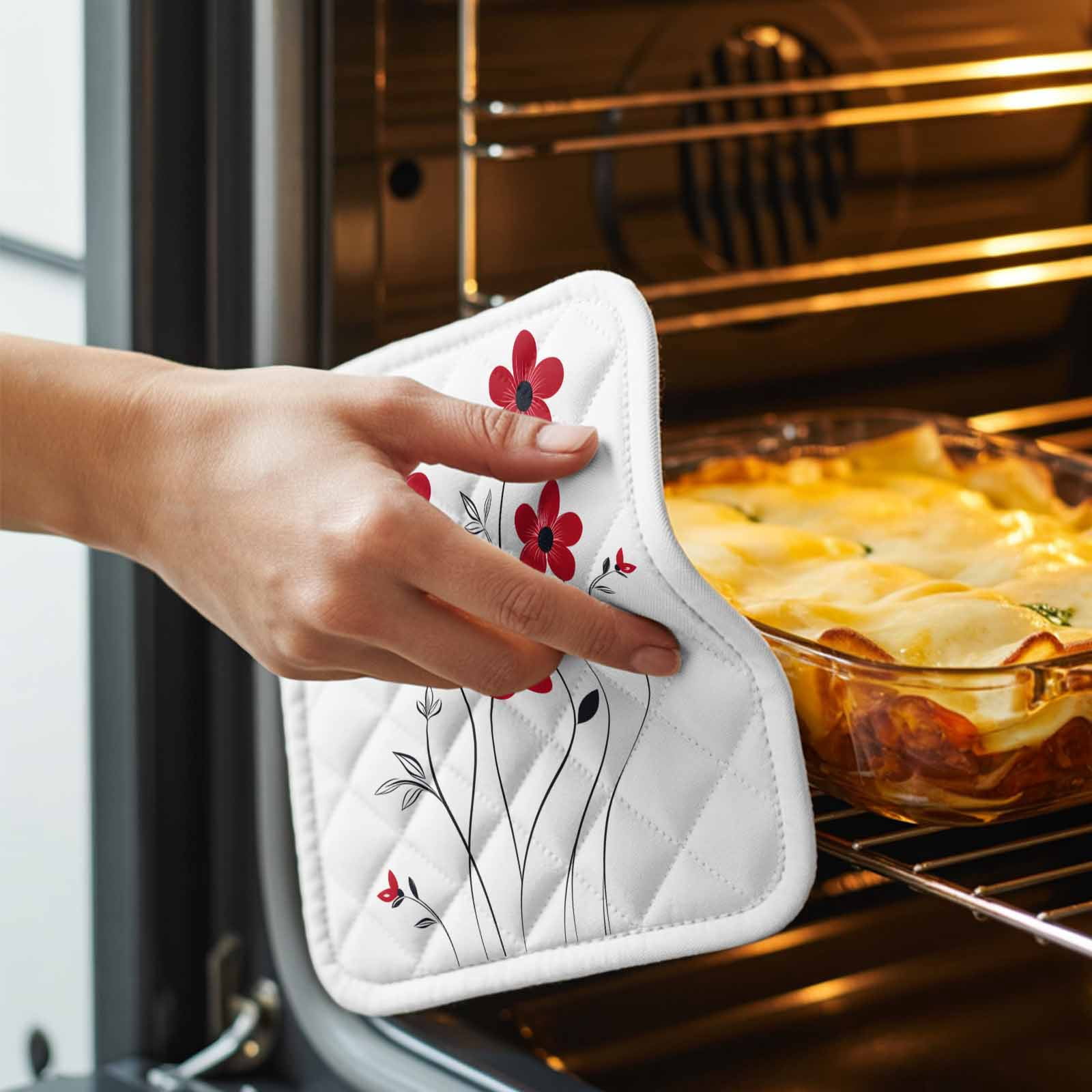 Red Spring Floral Pot Holders for Kitchen Heatproof Potholder, 5 Pack Elegant Summer Botanical Pastoral Hot Pads Multipurpose Oven Pads Cloth Potholders Trivet for Cooking Baking