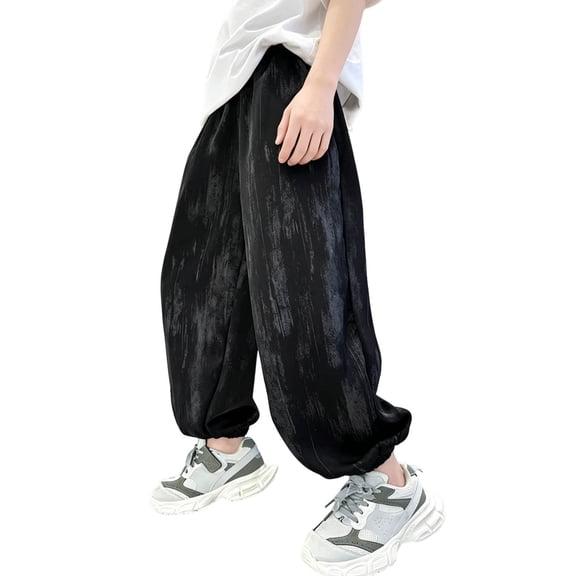 Hduncf Kids Joggers Pants Boys Elastic Waist Wide Leg Sweatpants Lightweight Breathable Loose Fit Casual Outdoor Sports Trousers Black 5-6Years