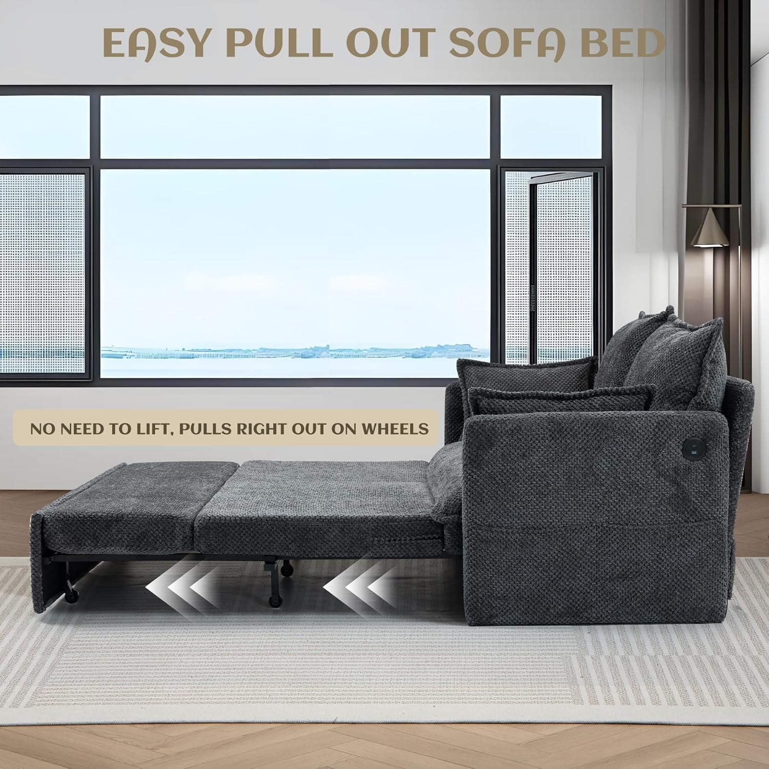 Modern Convertible Sleeper Sofa with USB Charging, Queen-size Corduroy Upholstery Sofa Bed, Gray