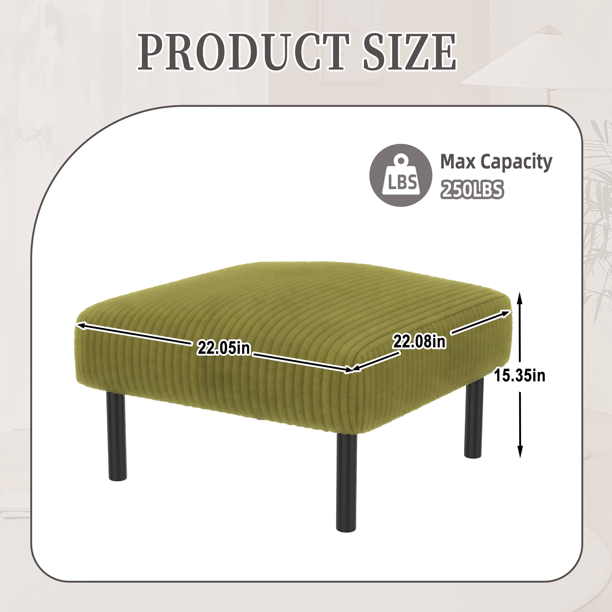 MOONMISS Corduroy Upholstered Mid-century Modern Square Wood Frame Ottoman with Soft Padded Seat-Olive Green