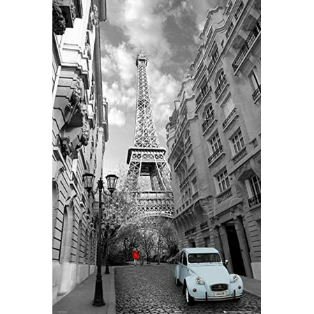 Paris Romance Red Woman and Blue Car Street Scene with Eiffel Tower 36x24 Photograph Art Print