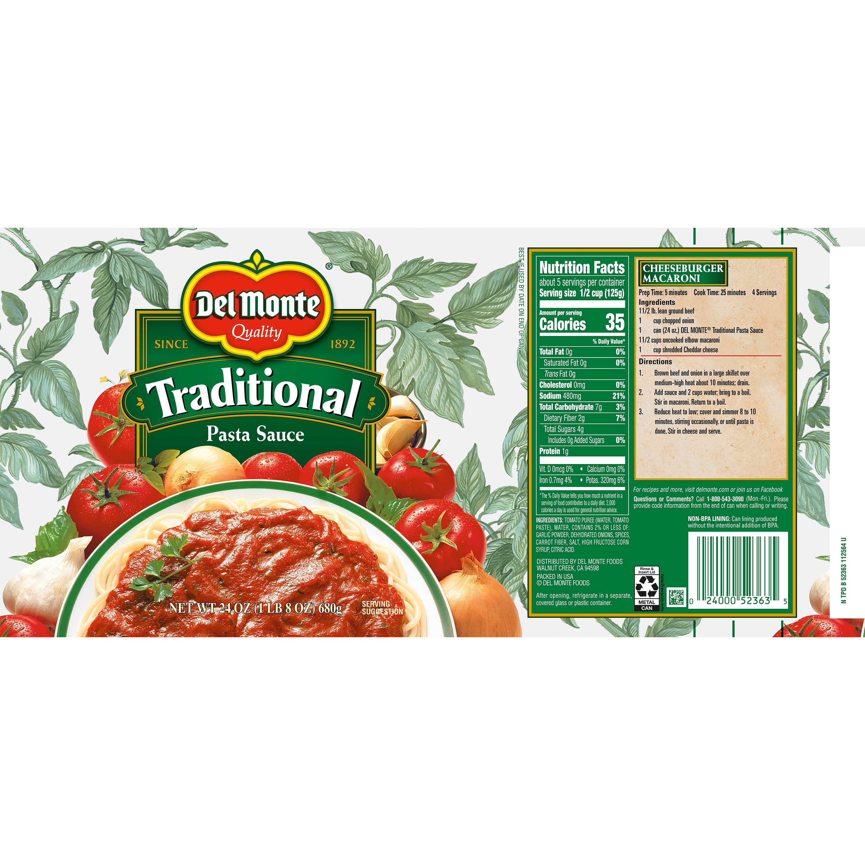 Del Monte Traditional Pasta Sauce, 24 oz. can