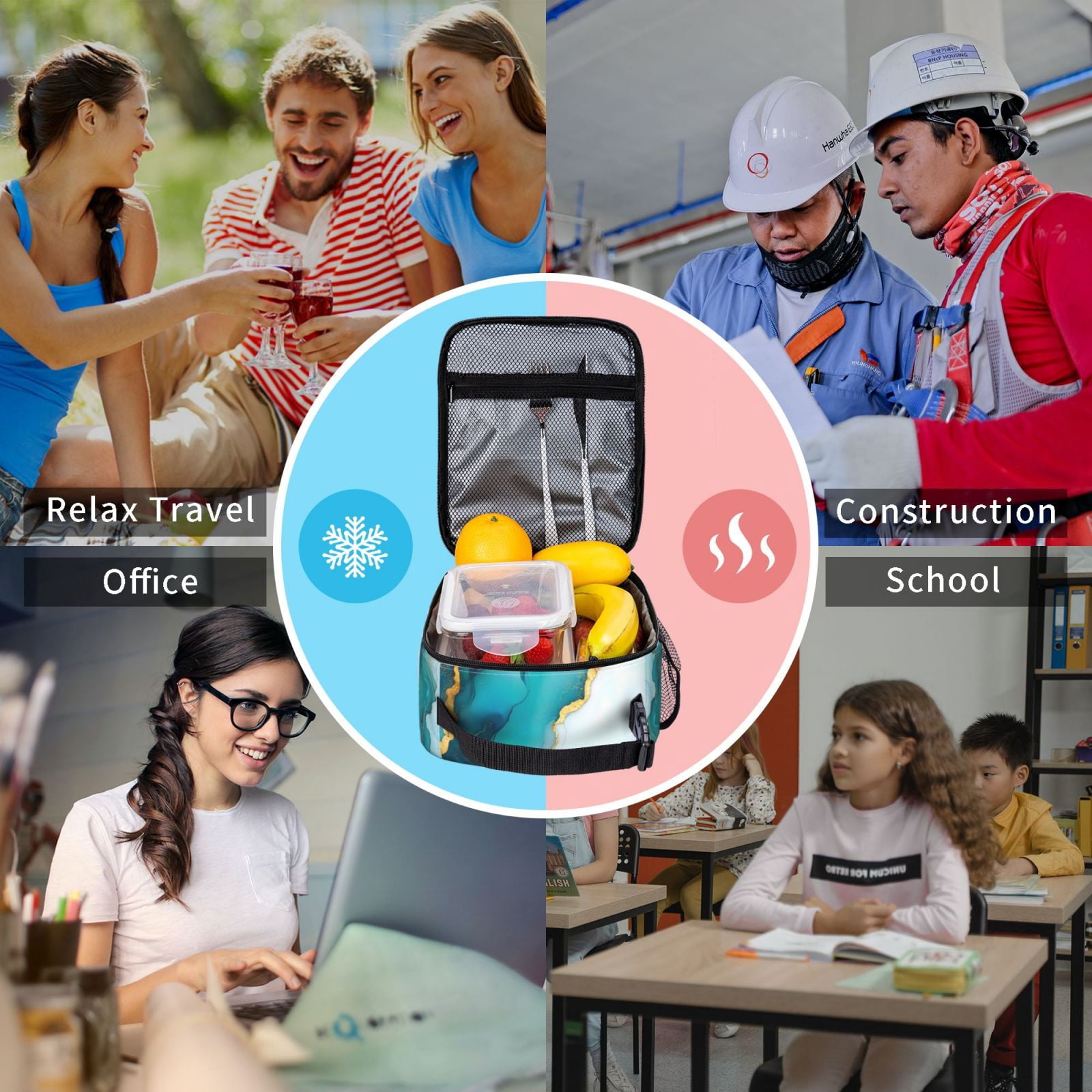 Lunch Bag For Women Men Insulated Portable Lunch Box Bento Box Office Picnic Travel Cooler Bag Skyblue And White Gold Marble