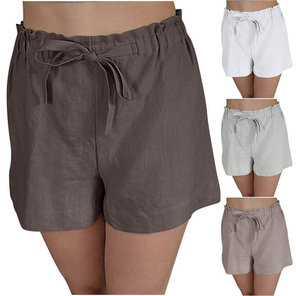 POROPL Women Shorts Linen Plus Size Summer High Waist Casual Shorts Zip Lace-Up Short