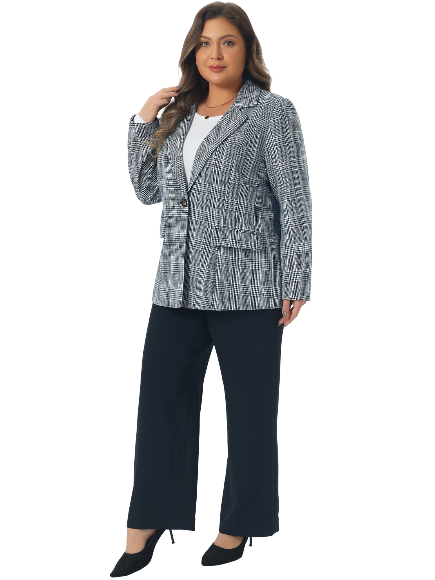 DARING DIVA Women's Plus Plaid Notched Lapel Business Blazer Jackets 2X Dark Blue
