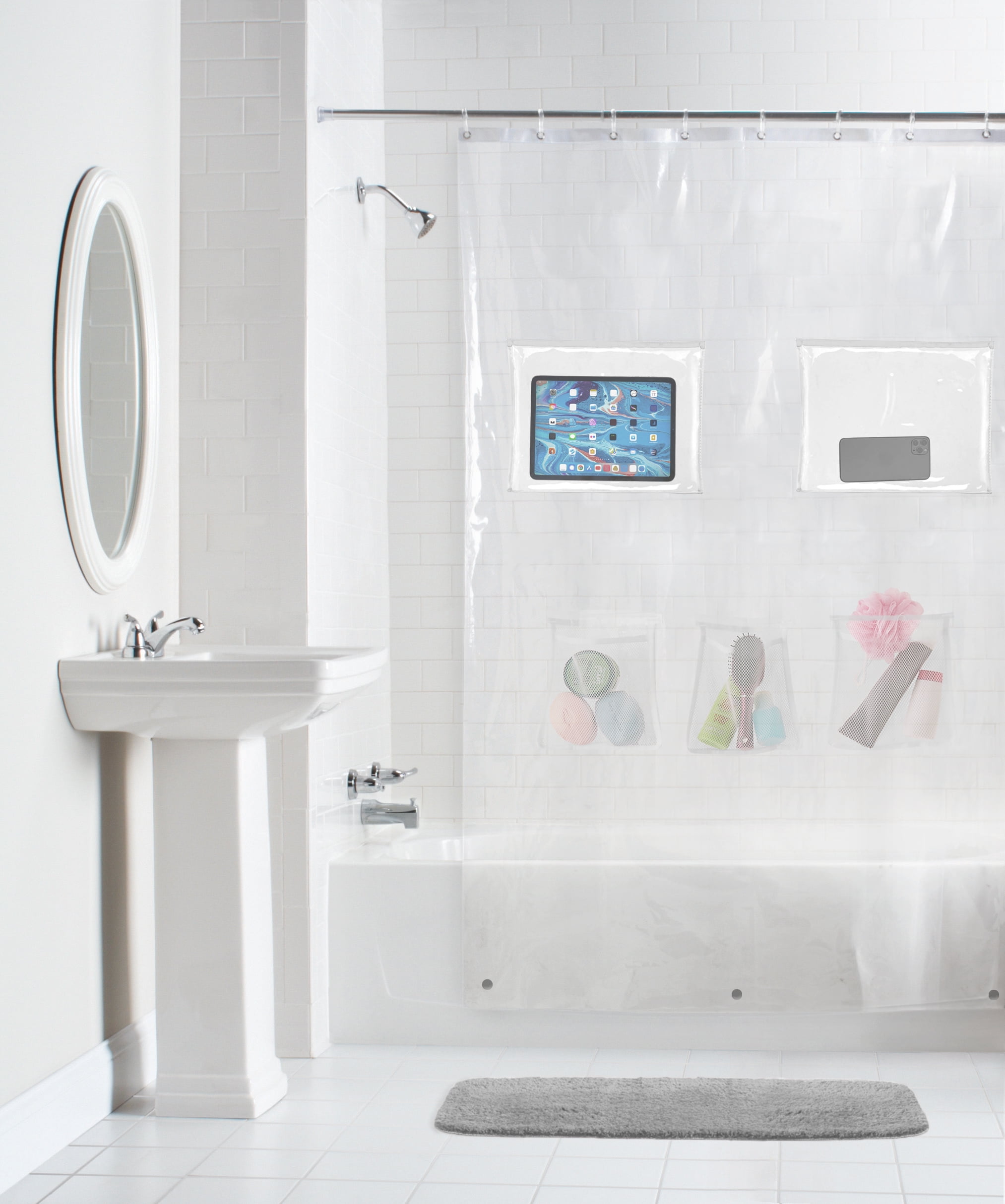 Better Homes & Gardens Clear Solid Print Heavyweight PEVA Shower Liner with Pockets for iPhone, 72' x 72'