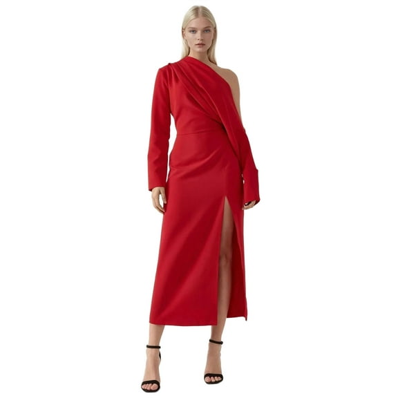 Asymmetrical Collar Bodycon Midi Dress with Slit