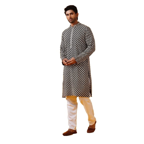 Sojanya (Since 1958) Men'S Cotton Rayon Sequinned Embroidered Black Kurta With White Pyjama