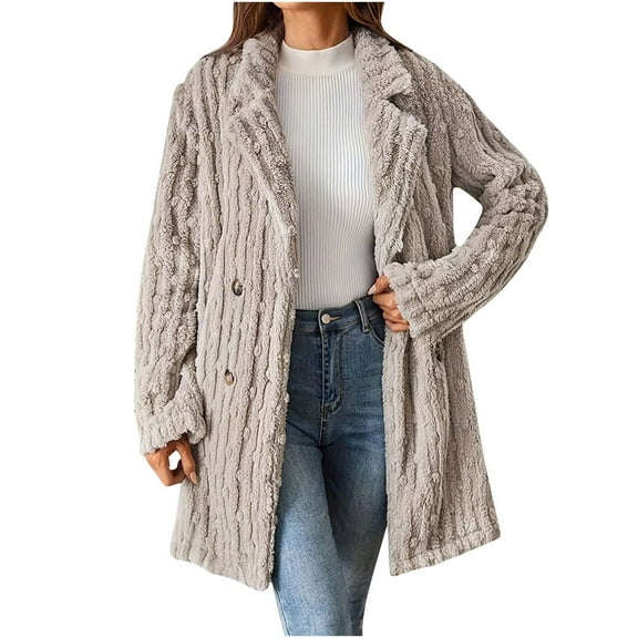 Winter Coats for Women Lapel Fleece Overcoat Double-Breasted Outerwear Coat with Fleece Lined Khaki M