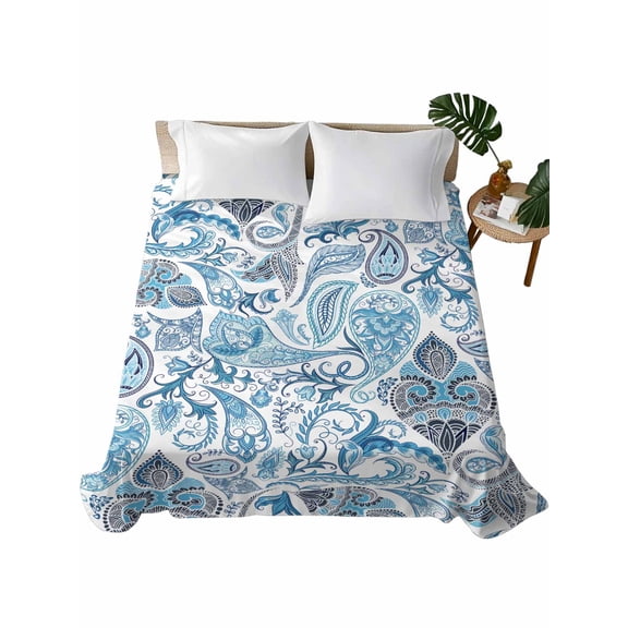 Twin Flat Sheet 66"x96", Blue Paisley Soft Lightweight Bedding Flat Sheets Only, Ethnic Abstract Art Vintage Brushed Microfiber Top Bed Sheet, Breathable StainResistant Bedsheets