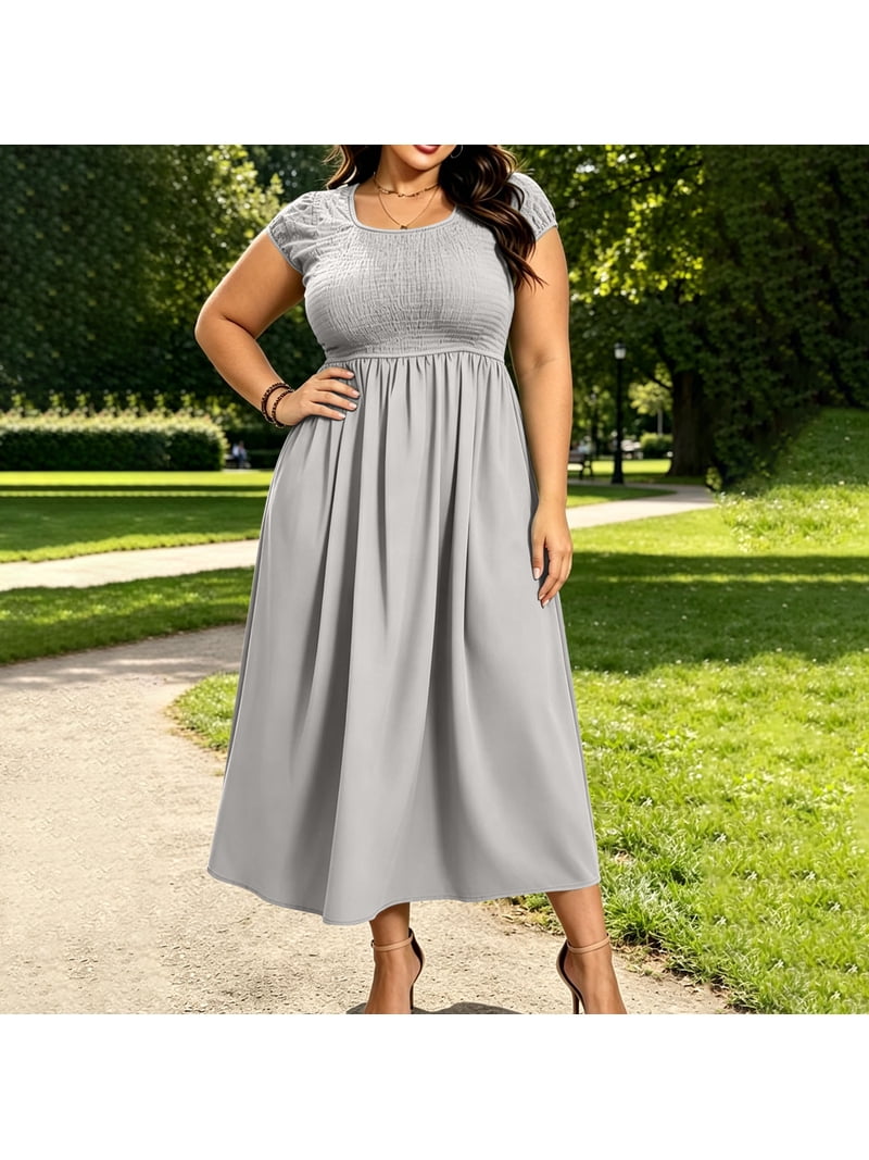 Bgstyu Women's Plus Size Summer Dress Casual Short Sleeve Smocked Solid Color Pleat Maxi Dress Wedding Guest Beach Vacation Dresses L-5XL