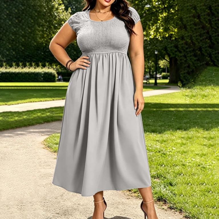 plus size flowy midi dress LIaqionyy Women Plus Size Short Sleeve Dress Casual Summer Casual Fashion  Flowy Midi Dresses with Pockets L-5XL