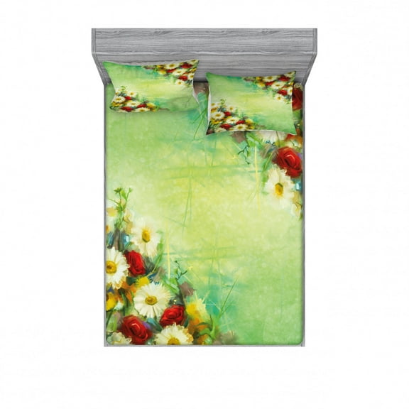 Ambesonne Floral Fitted Sheet & Pillow Sham Set, Freshening Mother Earth, Queen, Multicolor
