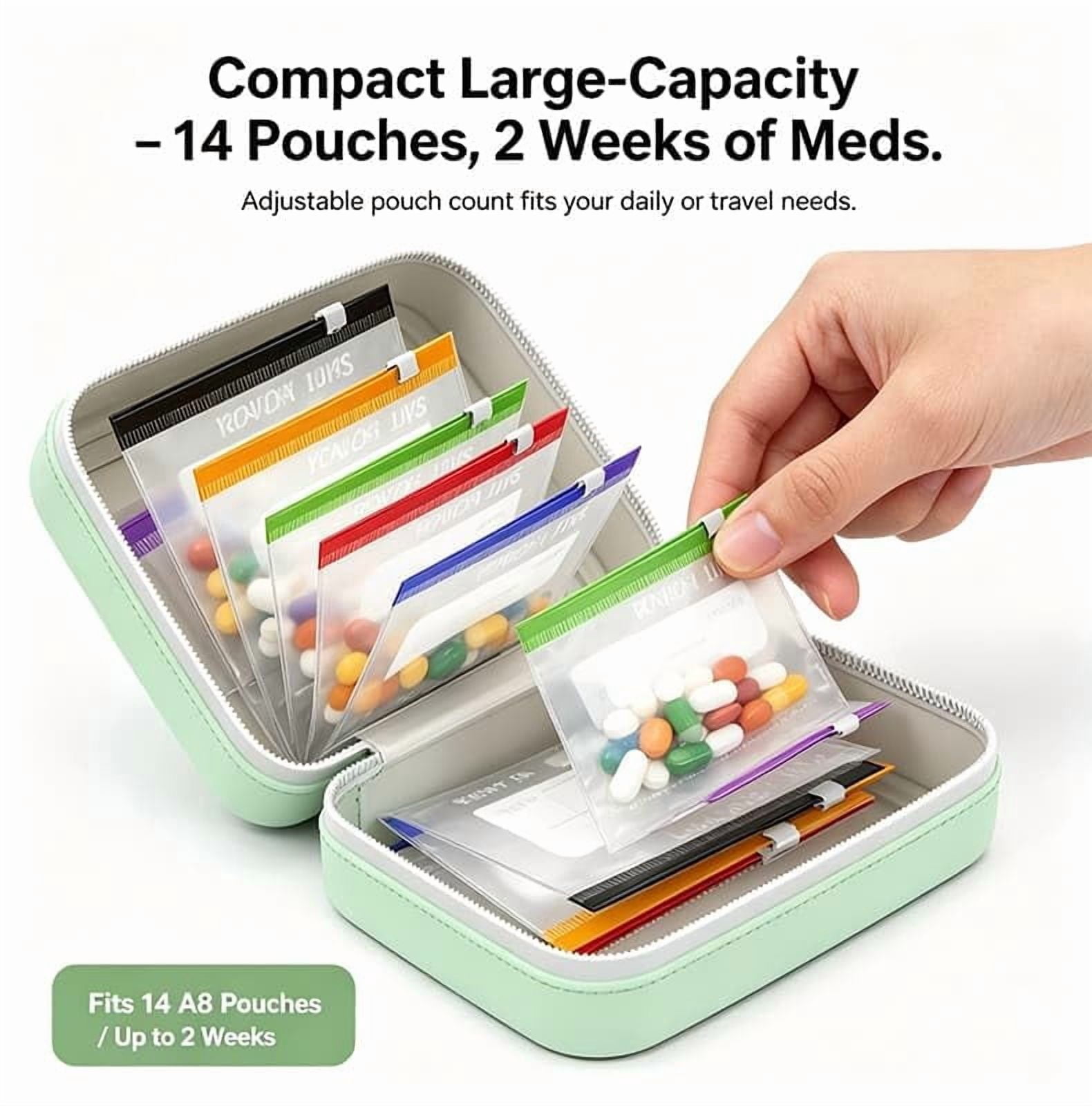 Waterproof Pill Pouch Set-14pcs Bags Inside,A8 Waterproof Pill Organizer Set,7 to 14 Days of Meds & Medicine Crush-Resistant Shell