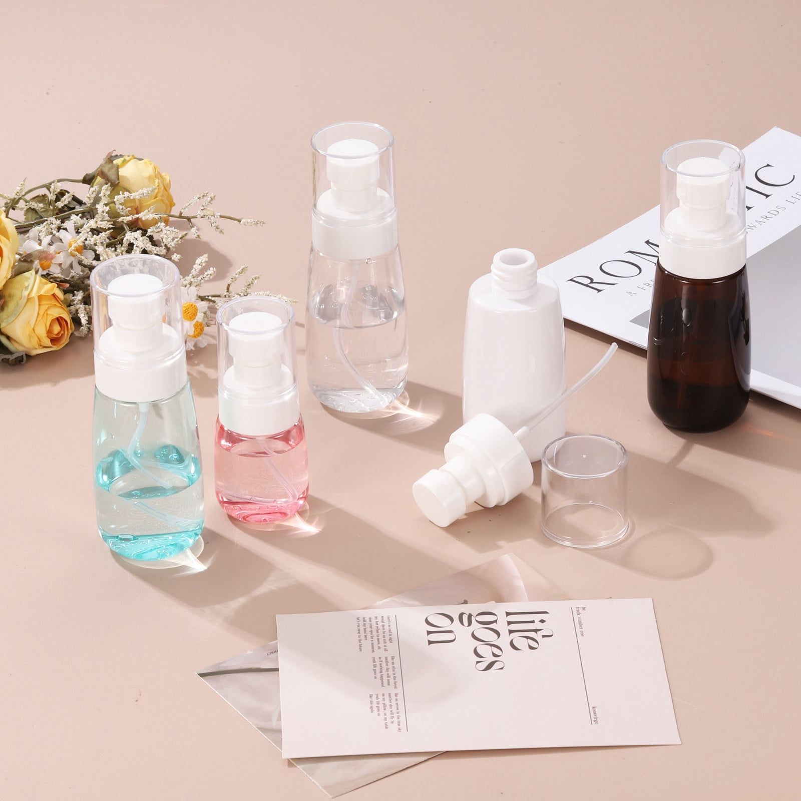 3Pcs Small Spray Bottles, 100ml/3.4 oz Travel Size Spray Bottle Fine Mist with Labels (Cylinder, White/Clear)