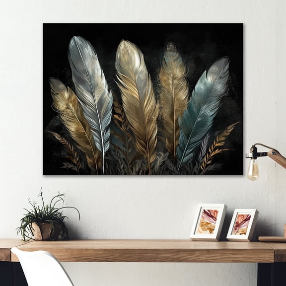 Designart "Gilded Feathers Gold II" Glam Feather Metal Wall Art