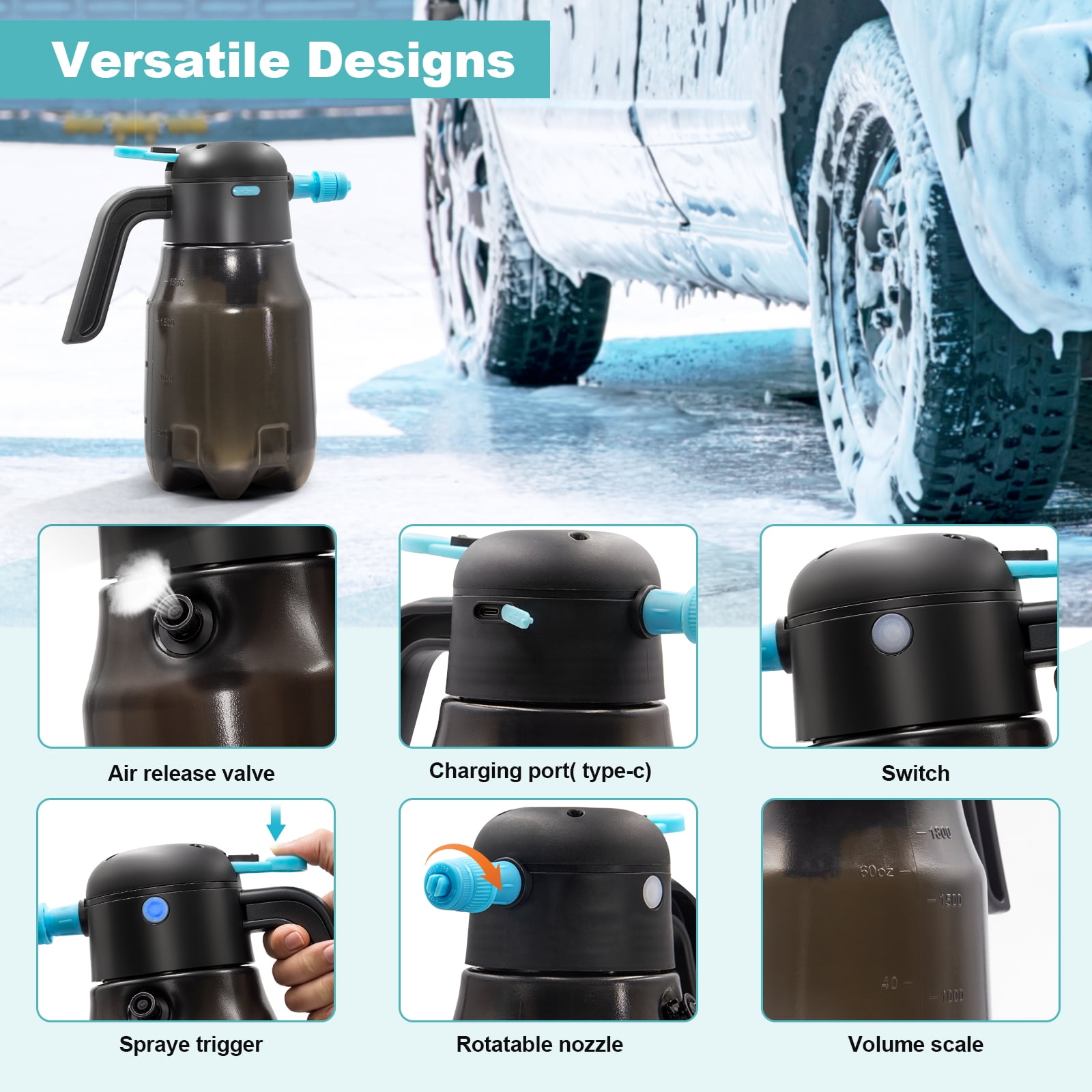 SideKing Electric Foam Sprayer, Car Wash Foam Sprayer,60PSI, 68oz/2L Cordless, Rechargeable 4000mAh Battery Foam Blaster for Car Detailing, Garden, RV with Adjustable Nozzles