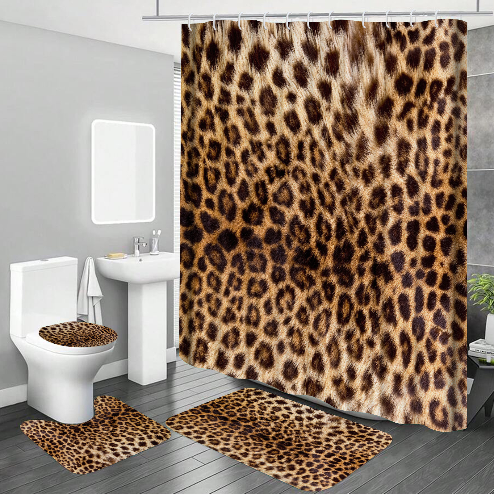 Hadint 4Pcs Brown Leopard Print Pattern Shower Curtain Set, Shower Curtain and Rug Set, 12 Pcs Hooks, 71inx71in