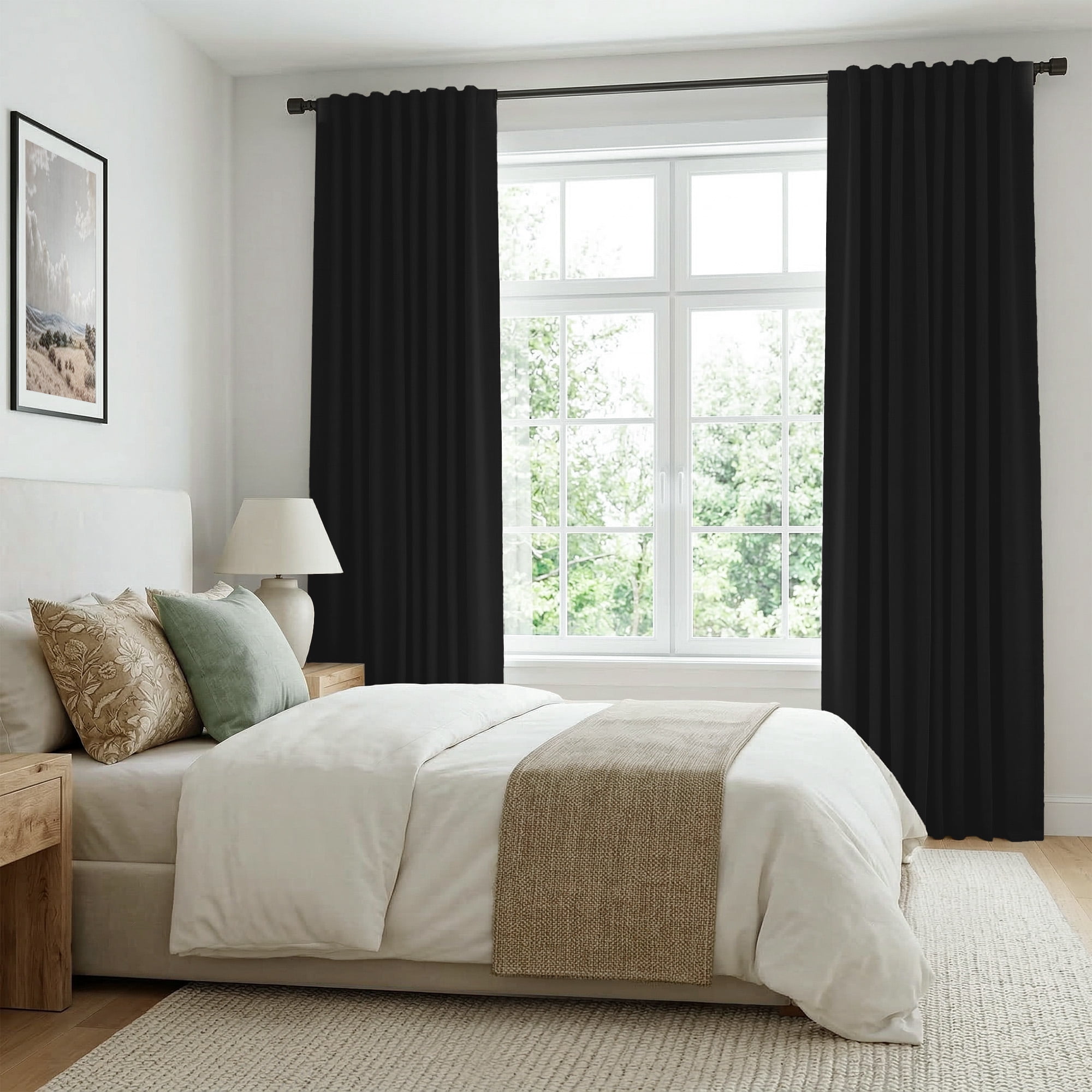 GLEAMIST 100% Blackout Curtains 2 Panels Set, 52 Inches Wide Faux Linen Thermal Insulated Light Blocking Drapes, Rod Pocket & Back Tab for Bedroom Living Room, Black