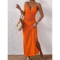 thumbnail image 4 of Womens Crochet Knit Sheer Summer Backless V Neck Side Slit Bathing Suit Cover Up Midi Dress Orange One Size, 4 of 6