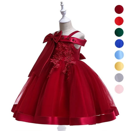 

MyBeauty Fashion Kids Girl Solid Color Lace Floral Sleeveless Bowknot Large Swing Dress Blue 150CM