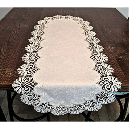 

Doily Boutique Table Runner or Dresser Scarf in Bleached White Fancy Lace and Fabric Handmade Size 60 x 15 inches
