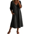 thumbnail image 2 of FDGIU Women's V Neck 3/4 Sleeve High Waist Gathered Pocket Loose Flowy Linen Midi Dress, Boho Beach Vacation Casual Home Lounge Swing Long Dresses, 2 of 4