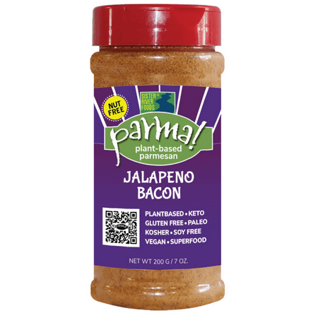 Parma! Plant-Based Parmesan Jalapeno Bacon Cheezy Burst! Superfood Cheesey Cheezy Burst eat on popcorn salad veggies Keto Gluten Free Kosher Gluten Free Dairy Free Umami Cheese – one 7oz bottle