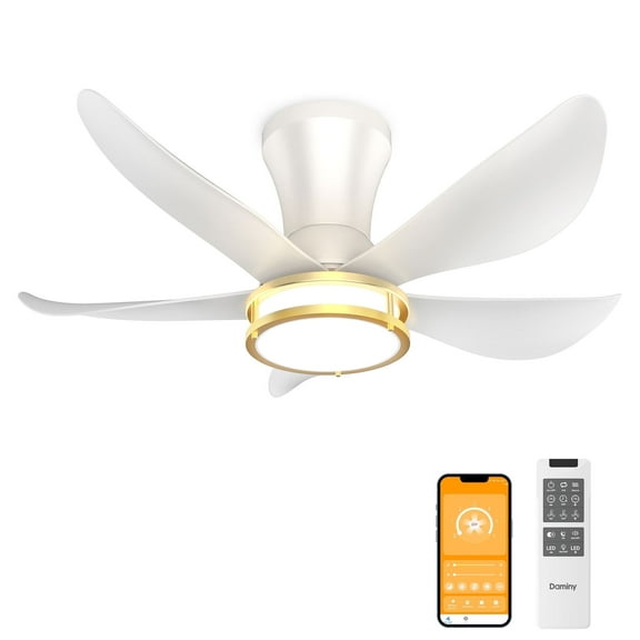 DAMINY 30 Inch White and Gold 5 Blade Ceiling Fan with Light, Modern Ceiling Fan with Remote,Large Airflow,Flush Mount,6CCT,Dimmable,Noiseless,Bedroom