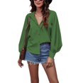 thumbnail image 1 of Cuello linterna manga blusa Top mujeres color puro V Masajeadores de cuello botón camisa para el desgaste diario verde S, 1 of 6