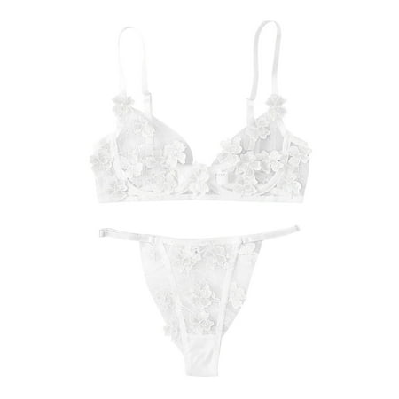 

wendunide lingerie for women Sexy G-string Flowers Embroidery Bralette Lace Bra Bustier Lingerie Thong White L