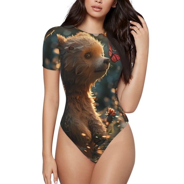 Cauagu Papillon Soleil Fleur Ours T-Shirts à Manches Courtes Col Rond pour Femmes Combinaison Quotidienne-Petit