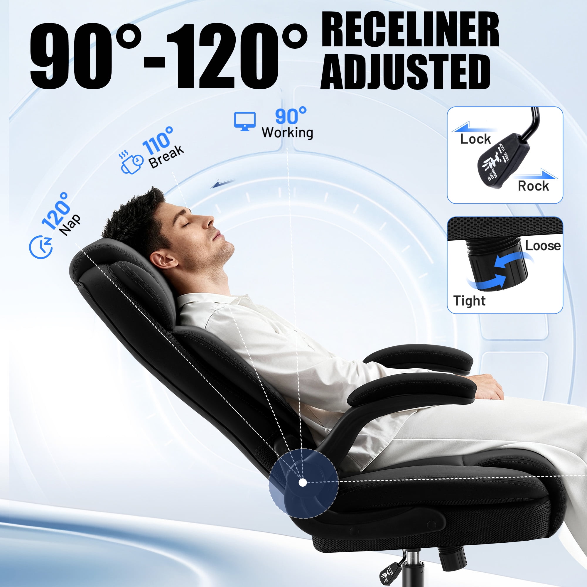 Dhole Ergonomic High-Back PU Leather Office Chair with 120° Recline & Flip-Up Arms - Home Office Desk Chair for Work, Study, Gaming, 300LBS Capacity (Black)