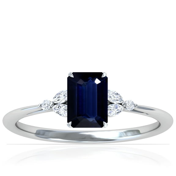 GemsNY September Birthstone - Petite Emerald Cut Blue Sapphire Ring with Round and Marquise Side Diamonds (Grade - AA | 1.13cttw)
