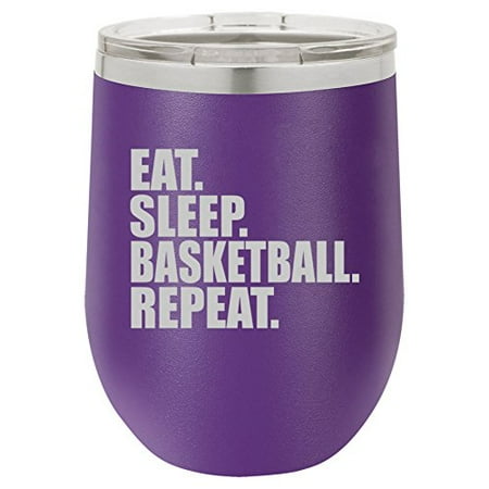 

12 oz Double Wall Vacuum Insulated Stainless Steel Stemless Wine Tumbler Glass Coffee Travel Mug With Lid Eat Sleep Basketball Repeat (Purple)