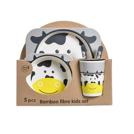

5Pcs/Set Bamboo Kids Dinnerware Set - Children Dishes - BPA Free Food Plate Bowl Cup Spoon Fork Set Dishware Cartoon Tableware - Little Yellow Car