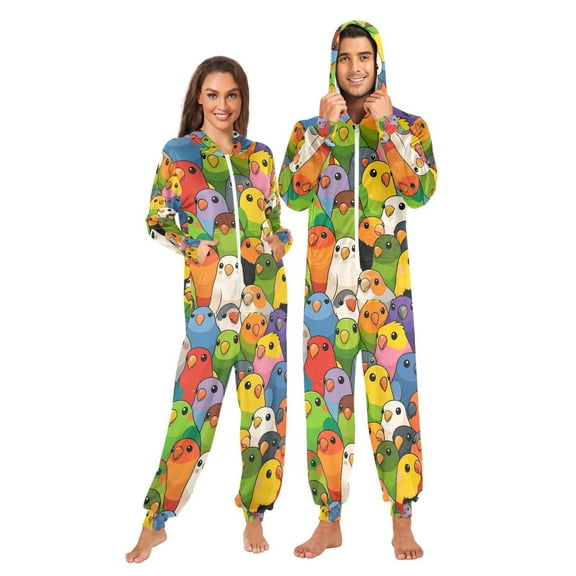 FORMRS Onesies Pajama for Adults Unisex Hoodie Winter Jumpsuit One Piece Sleepwear, Sizes S-2XL, Cartoon Birds Pattern
