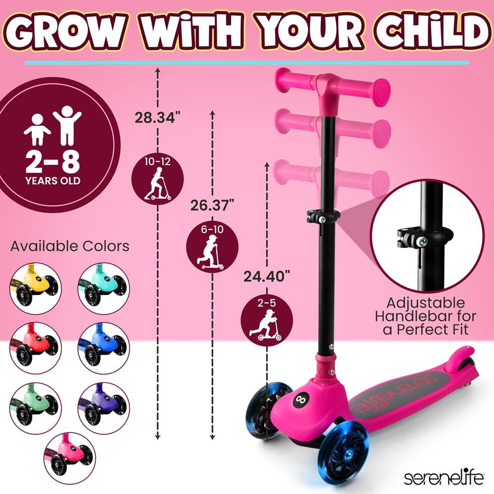 3-Wheel Foldable Kids Scooter - Child Toy Scooter with Built-in LED Wheel Lights, and Easy Maneuvering Lean-to-Steer Technology (Pink)