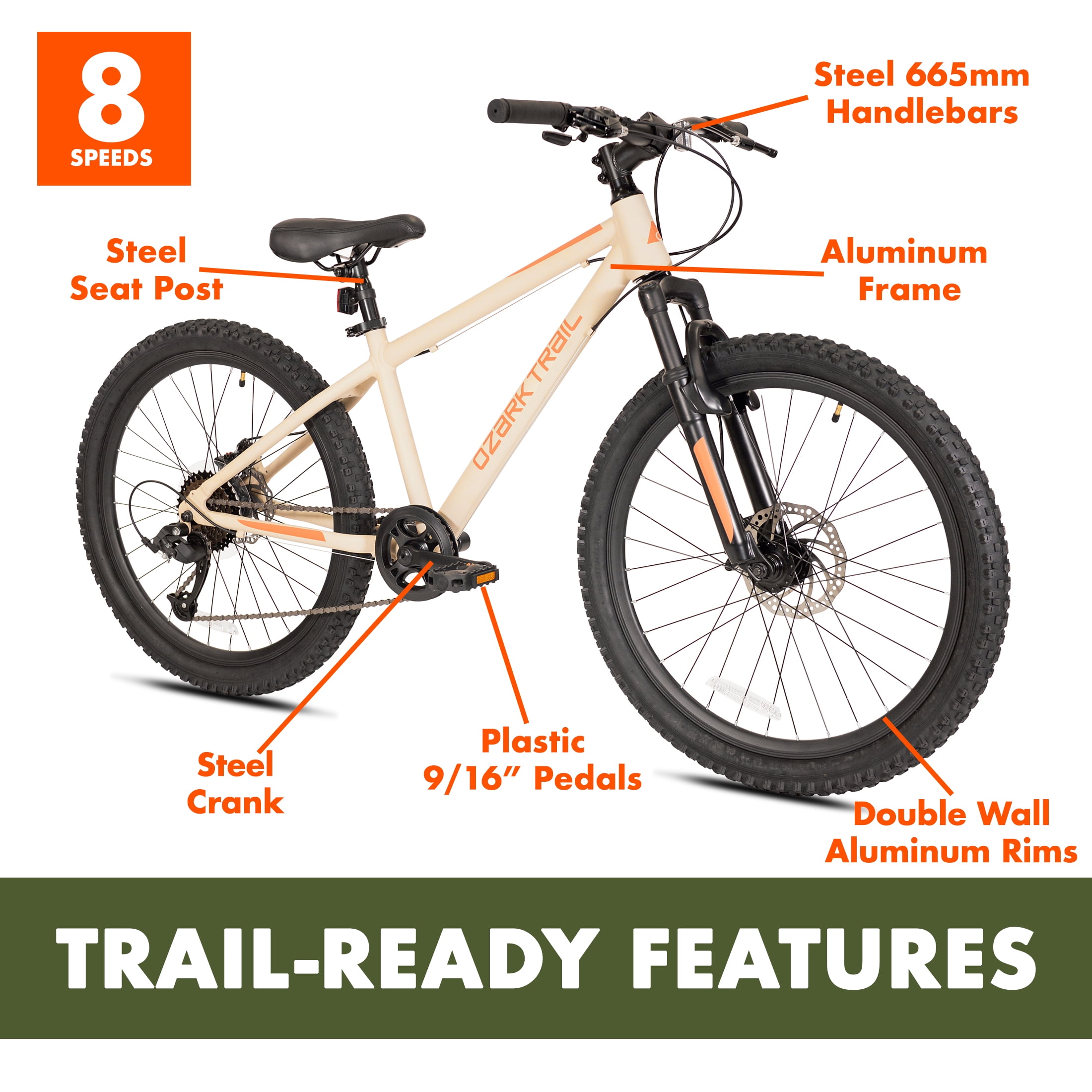 Ozark Trail 24" M.1 Mountain Bicycle, 8 Speed, Vanilla, Fits Riders 4'6" - 5'6", Teen, Unisex, Online Only