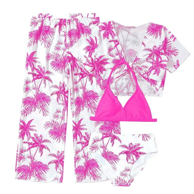 Big Girls Bikinis with Cover Up Pants 4 Piece Tropical Print Halter Bathing Suits Mesh Swimsuits Size 11-12T