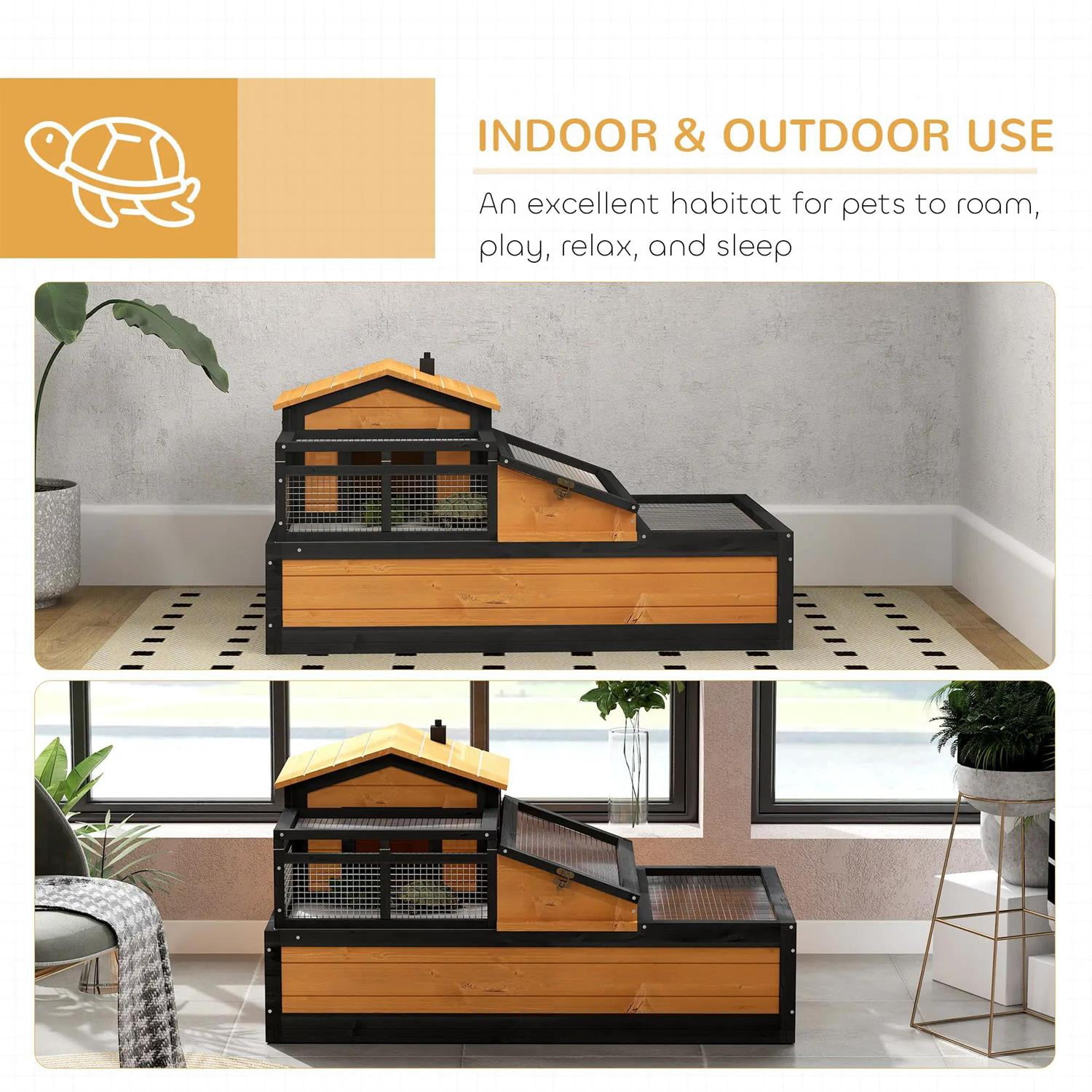 Pefilos 3-Room Wooden Tortoise House, Large Tortoise Habitat Cage Indoor Outdoor Tortoise Enclosure Turtle Habitat for Small Reptile Animals, Yellow