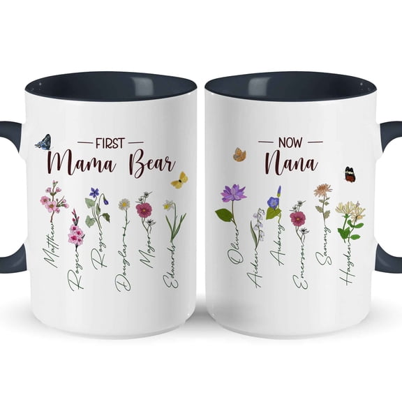 Customizaholic Personalized First Mom Now Grandma Mug - Birth Flower Garden Design, Custom Family Names Keepsake Gift