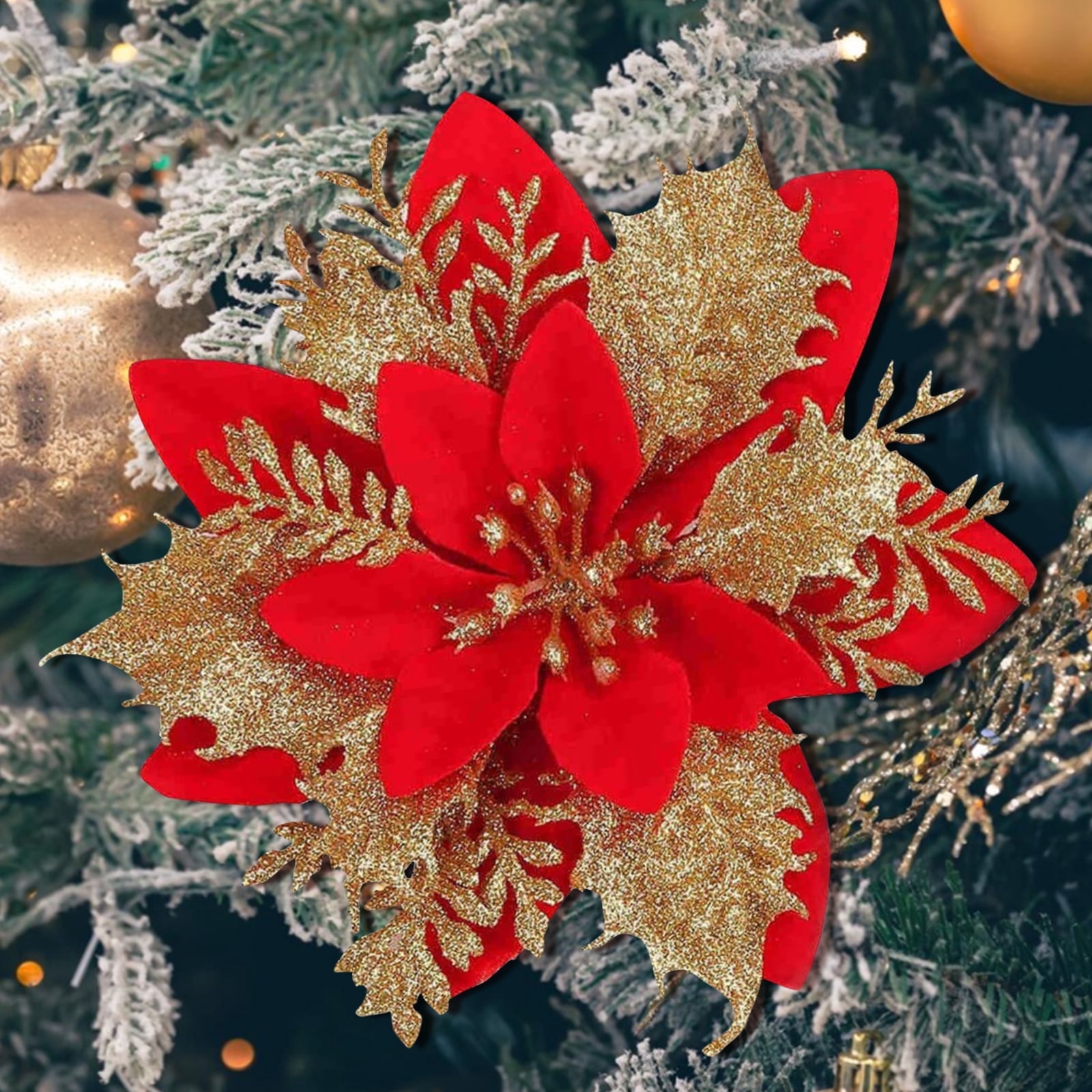Syvvy 72pcs Poinsettia Christmas Artificial Flowers,Christmas Indoor Decor,5.5" Glitter Flowers with Clips,Xmas Tree,Garland,Gift,Wedding,Party Ornaments,(Red)