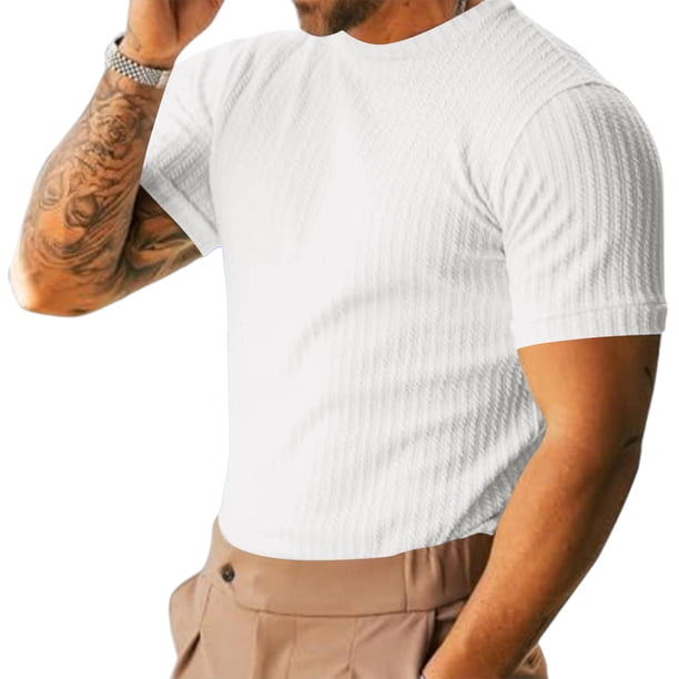 Tops para hombre, blusas y camisas de manga corta con cuello redondo para hombre, camiseta de punto acanalada para hombre, camisa informal de manga corta con cuello redondo y textura ajustada, blusa p